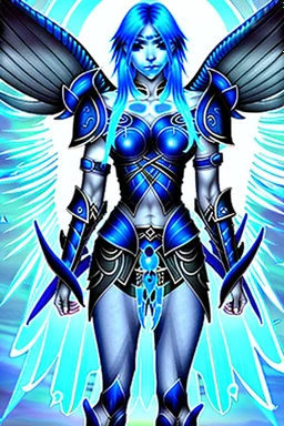 a person in runic armor with blue wings, blue short hair, runic tattoo and spell book