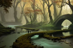 emerald river beneath incredible ancient stone arches, autumn trees, no people, by Ivan Shishkin, Ferdinand Knab, Dan Seagrave, Erik Johansson, Peter Mohrbacher, Anato Finnstark, Flavio Greco Paglia. unreal engine, bokeh sharp focus dof ultra realistic oil on canvas beautiful award winning photograph ultra detailed