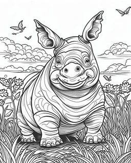 create a 2d black outline, "safari smiling cartoon rhinoceros coloring book for adults", coloring page, low details design, black contour, coloring page design, simple background, colorful , card style, coloring page for kids, white background, sketch style, safari landscape, cartoon style