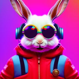 pixar style anamorphic cute smiling baby rabbit, smiling, cyberpunk headphone, sunglass, gangsta gold necklaces, full body, magenta puffer jacket, manila city background, dramatic lighting, hyper realistic, unreal engine 5, 16k