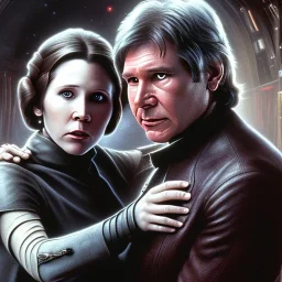 old carrie fisher embracing harrison ford, waist up portrait, photorealistic faces, intricate, oil on canvas, masterpiece, expert, insanely detailed, 4k resolution, cinematic smooth, intricate detail , soft smooth lighting, soft pastel colors,