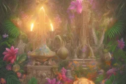 Human love, Tropical flowers,heart drawing, crystals, tropical leaves, sacred altar, Fantasy temple