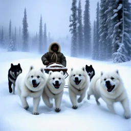 Create an image of sledge dogs that drag a sled in the snowy expanses of Alaska on which sit four Eskimo children dressed in white bear fur coats, the sled makes deep tracks in the snow, in the background of his circle in front of which stands an Eskimo hunter with a catch of fish, afternoon photo, outdoor photo, photo Realistic, 18K, wide lens