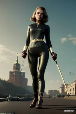 retro portrait image from 1960, Moscow background, wind, long hair, fighting stance, sweet young Scarlett Johansson, classic black tight lycra suit, metal stick weapon, gold bracelet and belt, high heel boots, soft color, highly detailed, unreal engine 5, ray tracing, RTX, lumen lighting, ultra detail, volumetric lighting, 3d, finely drawn, high definition, high resolution.