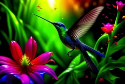 create a rainbow color hummingbird in high definition in first plane sucking a neon flower with a forest landscape all in photography art