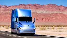 A Tesla semi-truck is parked, at the 'Lake Mead', in Nevada. CINEMATIC. WIDE ANGLE LENS.