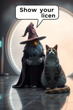 Wizard,snakebat and fat cat, add some fucking realism with no mutants, and a foggy background, and shiny tiled floor, and speechbubble above head saying "Show your license." in front of space portal dimensional glittering device, bokeh like f/0.8, tilt-shift lens 8k, high detail, smooth render, down-light, unreal engine, prize winning