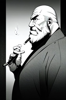 old man in profile smokes a cigar, shot hair, greyscale