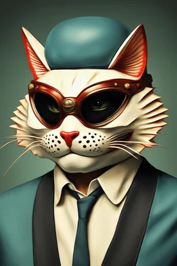 cat with shark mask in the style of japanese photo realism