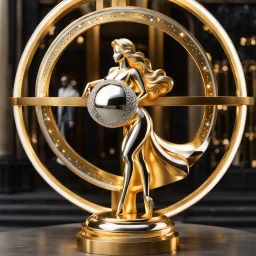 A magnificent golden and silver heart-shaped sign adorned with a stunning golden sphere encrusted with sparkling diamond clusters at its center, elegantly spinning in position,a golden statue of a girl in standing pose