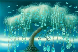 aquamarine gems, clouds, willow tree