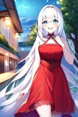 girl, masterpiece, best quality, cinematic lighting, detailed outfit, vibrant colors, perfect eyes, white hair, very long hair, blue eyes, Happy Valentine, sidewalk, under tree, laughing, sparkle, depth of field, indoors, god rays, glowing light, ray tracing, red dress,