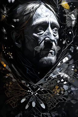 Portrait of Rhys Ifans on slep face , by Dino Valls, by Russ mills, dramatic, background is an elusive drug hallucination, or warr horrors spotlight effect, concept art