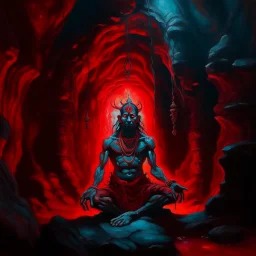 An oil painting of Hindu god YAMA in a cave, neon red colors, high detail, dark vibe