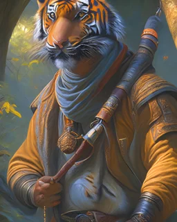 Tiger adventurer figure, product shot, oil painting, whelan, beautiful lighting, fantasy, d&d, masterwork, realistic figure, realism, anthropomorphic figure,