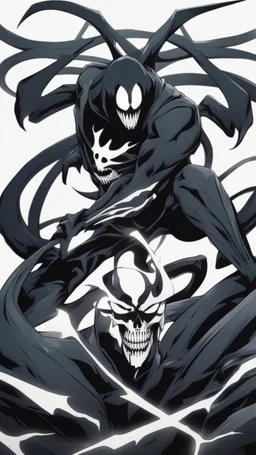 A close picture to Mix between Skeleton and venom symbiote and venom smile in solo leveling shadow art style