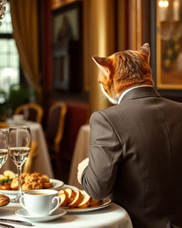 photography a cat wearing luxury suit man victorian at behind back near sorrounding standing waiters ready to servant on luxurious breakfast foods,turkey slices,potatoes slices,coffe cup,bread, in royal castel