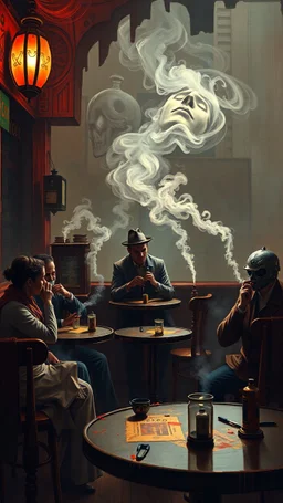 Bosch painting style nightmare , 3D , a cafe for Hookahs people sitting and smoking background, high Quality picture , 8k