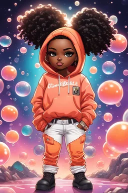 Create an colorful futurism comic book illustration of a chibi cartoon black female thick curvy wearing a cut of peach hoodie and white jeans and timberland boots. Prominent make up with long lashes and hazel eyes. Highly detailed shiny sister locs. Background of a large bubbles all around her