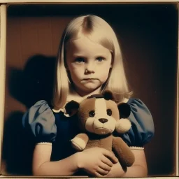 Blond-haired wednesday addams as a child, with an ugly teddy bear, polaroid, 1970s