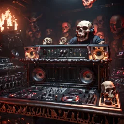 DJ of the damnded, insanely detailed DJ booth in hell, MID set, speakers and equipment made of bone, anatomically correct, add more skulls in th audience, photorealism, vray, 8k 3d https://stablecog.com/generate?o=a67b60e0-edd2-418d-9744-d1d585055d7fv https://stablecog.com/generate?o=93026b00-ac6b-436a-bc57-6aa04073d4a9