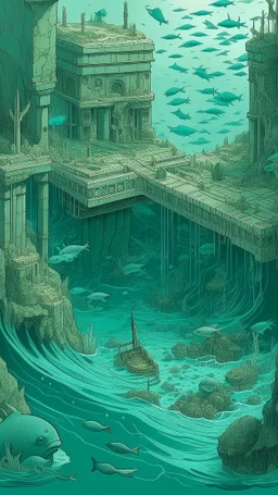 A cyan chasm with shipwrecks and eels designed in ancient Roman mosaics