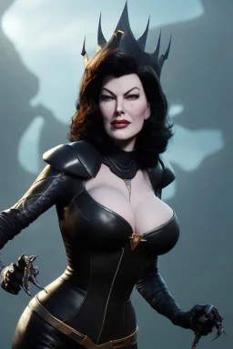 Ava Gardner as evil queen in black leather, busty, cleavage, curvy, angry, stern look. character design by cory loftis, fenghua zhong, ryohei hase, ismail inceoglu and ruan jia. unreal engine 5, artistic lighting, highly detailed, photorealistic, fantasy