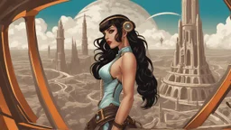 exotic sci-fi steampunk pin-up girl, with long dark hair, on a sci-fi planet with cloud trees, tall spires, buildings, bridges, arches