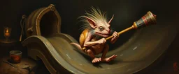 hårete gremlin hurtig snegle på fest med stor slegge aker ned sklie malt av Rembrandt