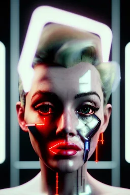 Ultra Realistic image, portrait, blonde woman, sweet Marylin Monroe face, perfect iris, glow eyes, glow makeup. Cyborg, Cyberpunk style, oversized transparent latex coat, yakuza tattoos body. fog, rain, soft color, highly detailed, unreal engine 5, ray tracing, RTX, lumen lighting, ultra detail, volumetric lighting, 3d, finely drawn, high definition, high resolution.