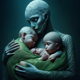 serene yet haunting scene depicts a humanoid cradling two children—one human, one humanoid—in her arms. The humanoid mother gazes at them with a peaceful expression. The human child, wrapped delicately in a green, net-like material, sleeps soundly, while the humanoid child, resembling its mother, nestles beside the sibling. Tears stream from the humanoids eyes, evoking a sense of sorrow suggesting both entrapment and technological dependency. Intricate patterns adorn her head, leading to a majes