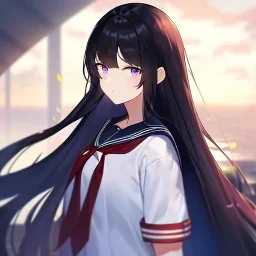 Clear focus,High resolution, Black long straight hair, Long bangs, and purple eyes, Looking down on you, wearing a sailor uniform that is black and red, sighing, Detailed hair