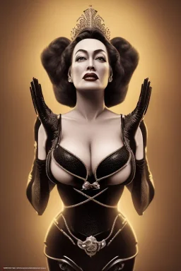 Joan Crawford as evil queen in black leather, busty, cleavage, dominatrix, curvy, angry, stern look. unreal 5, octane render, cinema4d, dynamic lighting, dramatic lighting, 4k, redshift render, highly detailed, hyper realistic,anthropomorphic