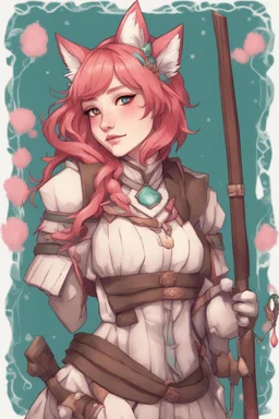 Teenaged Female kitsune paladin/bard with red, teal, and pink hair