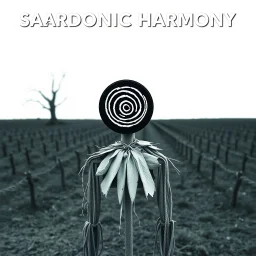 Oddball reality hack, color photographic poster featuring glitchy negative space, TEXT "SARDONIC HARMONY", nihilistic, sentinel anthropomorphic scarecrow-like creature with a featureless black round head with a white spiral pattern, minimalism, foreboding, background a surreal field, 'Pan's Labyrinth' style aesthetic