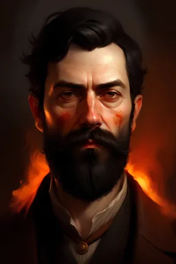 Fantasy portrait of a man in his late 30s or early 40s who looks a bit like Billy Butcher from The Boys (so a wider face, with a broad reddish nose, and looks poor). Has a short black beard and close cropped black hair. Has orange eyes. He's smoking.