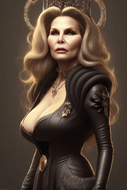 Jennifer Coolidge as evil queen in black leather, busty, cleavage, angry, stern look. character design by cory loftis, fenghua zhong, ryohei hase, ismail inceoglu and ruan jia. unreal engine 5, artistic lighting, highly detailed, photorealistic, fantasy