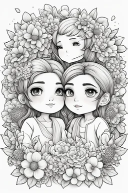 create a outlined coloring page of a chibi cartoon characters of a couple surrounded by flowers. Pay attention to the details of the faces and flowers and the emotions conveyed by the couple. White background, sketch style, half of body, use outline, Mandala style, clean line art, no shadows, no coloring, no shading, no grey.