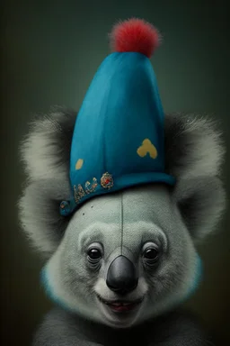 KOALA HEAD WEARING A JESTER HAT