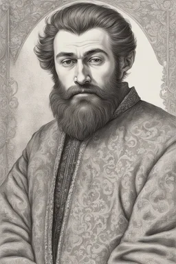 man, medieval, fighter, russian, croocked nose, czar, rich, simple clothes, short messy hair, thick beard, oligarch, brocade coat with fur, brocade clothes, pencil drawing, muscles, 20 years old, medival leather bootsspitz, gewand aus seide