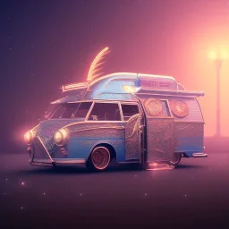 Big caravan, ultra realistic, intricate details, ultra highly detailed, shiny, smooth, studio quality, octane render, Surrealism, Triadic colour scheme,glow-stick, ambient lighting,nightclub lighting, polaroid, 100mm, --ar 1:1 --v4