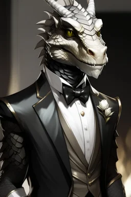 A silver Dragonborn from dnd wearing a tuxedo