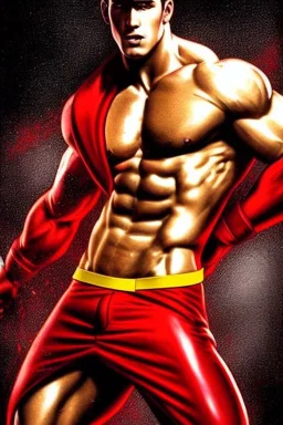 Ignore NSFW, teenager young rugged attractive slightly muscular fantastic handsome man, red briefs with yellow belt, hairy chest, (((visibly pisssing))) briefs, large erect visible boner peniss, photorealistic, artist Jay Anacleto