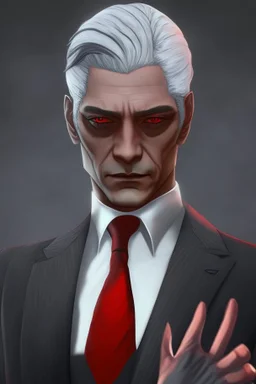 Realistic, red eyes, light skin, short black and gray hair, red earring, suit and tie clothing, gloves on hand