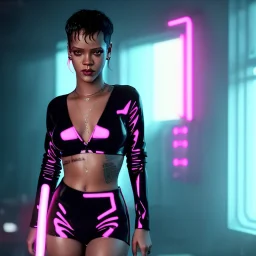 young rihanna, blade runner style, middle short hair, rain, fog, neon ambient, gradient color, clean skin, circuits, latex coat, cyber punk, neon, tubes, portrait, photo studio, unreal engine 5, smooth color, 16 bit, god lights, ray tracing, RTX, lumen lighting, ultra deatail, volumetric lighting, 3d, finely drawn, hd.