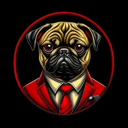 cute Pug in a suit in red, black-gold colour melt lava circle with black background