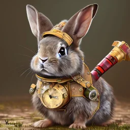 steampunk rabbit, extremely detailed, UHD, 8k,The close-up camera effect,sharp focus,perfect, background forest,position,hyperphotorealistic