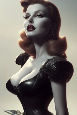 Rita Hayworth as evil queen in black leather, busty, cleavage, dominatrix, curvy, angry, stern look. character design by cory loftis, fenghua zhong, ryohei hase, ismail inceoglu and ruan jia. unreal engine 5, artistic lighting, highly detailed, photorealistic, fantasy