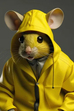 A person wearing a yellow hustler's outfit and a mouse mask