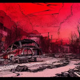  line Art coloured, destroyed, post apocalyptic, darkred tones,